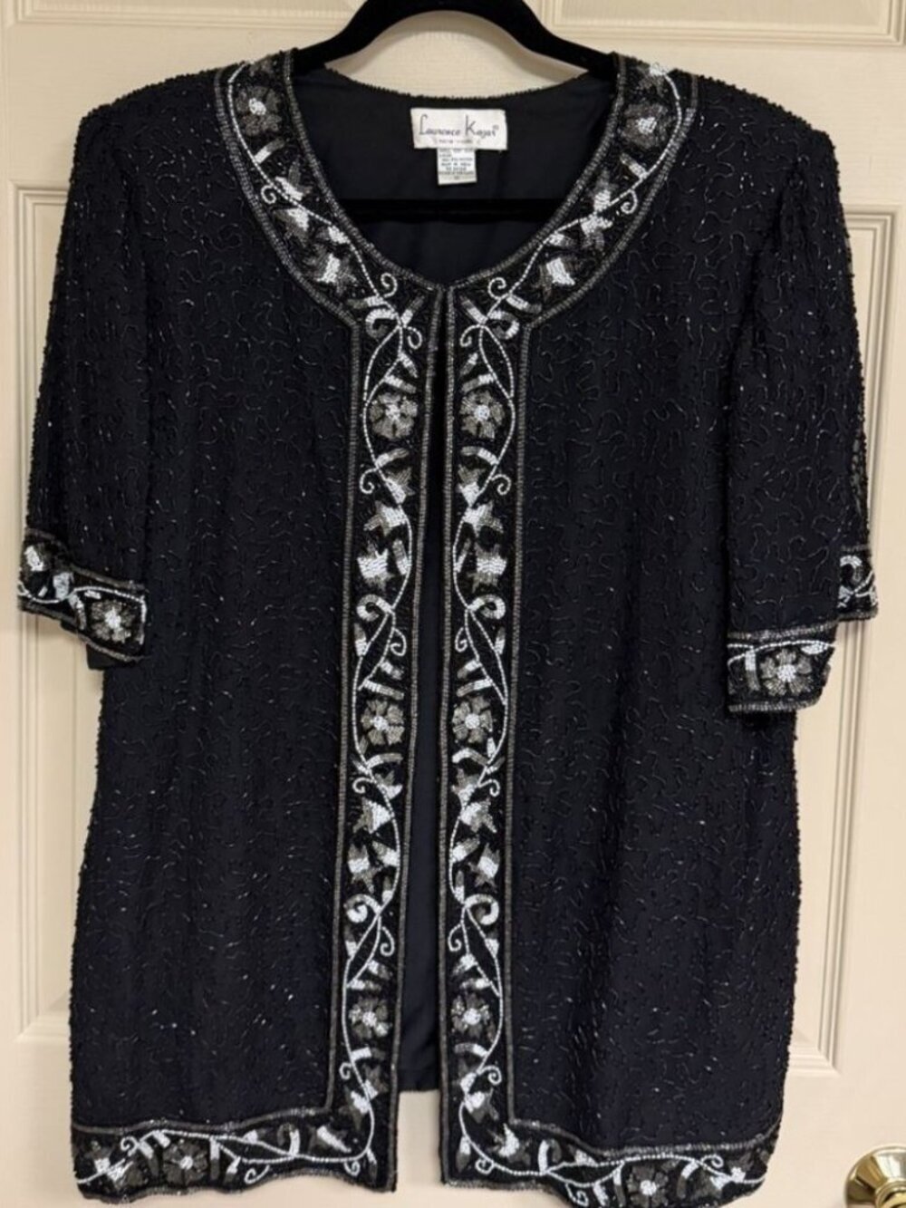 Laurence Kazar Vintage Black/Silver/ White Silk Beaded Evening Jacket Sz 1X